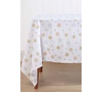 HOMESCAPES Christmas Tablecloth, Rectangular Cotton Xmas Table Cloth, Handcrafted & Durable Festive Dining Table Cover with Hem Stitch, Hypoallergenic, Washable, White & Gold Snowflake 137 x 178cm