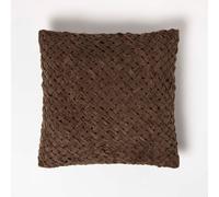 HOMESCAPES Brown Velvet Cushion Luxury Pleated 100% Cotton Velvet Filled Scatter Cushion for Sofa and Bed Decoration 45 x 45 cm