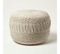 HOMESCAPES Cream Velvet Pouffe 50 cm Wide Round Pleated Velvet Footstool with Bean Filling Pin Tuck Design Foot Rest Vanity Stool for Living Room or Bedroom