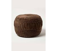 HOMESCAPES Chocolate Brown Velvet Pouffe 50 cm Wide Round Pleated Velvet Footstool with Bean Filling Pin Tuck Design Foot Rest Vanity Stool for Living Room or Bedroom
