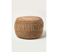 HOMESCAPES Natural Beige Velvet Pouffe 50 cm Wide Round Pleated Velvet Footstool with Bean Filling Pin Tuck Design Foot Rest Vanity Stool for Living Room or Bedroom