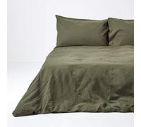HOMESCAPES Soft Linen Duvet Cover Set Plain Dark Green Textured Linen Bedding Natural French Flax Fibre Linen & Pure 100% Cotton Blend Khaki Green Duvet Cover With Pillowcases, Super King
