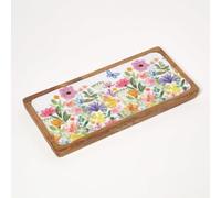 HOMESCAPES Spring Time Enamel Serving Tray, Watercolour Floral Mango Wood Tray for Drinks & Snacks, 19 x 40cm