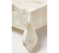 HOMESCAPES Christmas Tablecloth, Rectangular Cotton Xmas Table Cloth, Handcrafted & Durable Festive Dining Table Cover with Hem Stitch, Hypoallergenic, Washable, Sparkling Gold Stag -137x274cm