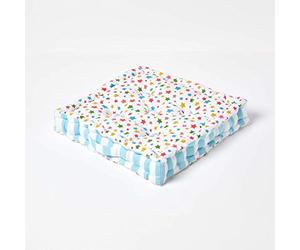 HOMESCAPES - Star Multi - 100% Cotton - Floor Cushion - Blue Orange White - 40 x 40 x 8 cm Square - Indoor - Garden - Dining Chair Booster - Seat Pad Cushion