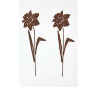 Homescapes Steel Narcissus Garden Stake Decorations, Set Of 2 In Brown Brown