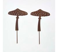 HOMESCAPES Metal Garden Stakes Decorative, Set of 2 Rustic Metal Plant Silhouette, 27cm Parasol Mushroom Stake, Weatherproof Vintage Outdoor Ornament for Gardens, Plant Pots, Planters & Balcony