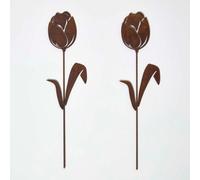 HOMESCAPES Metal Garden Stakes Decorative, Set of 2 Rustic Metal Flowers Silhouette, 37cm Tulip Flower Stake, Weatherproof Vintage Outdoor Ornament for Gardens, Plant Pots, Planters & Balcony