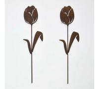 Homescapes Steel Tulip Garden Stake Decorations, Set of 2 in Brown Homescapes Brown