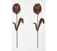 Homescapes Steel Tulip Garden Stake Decorations, Set Of 2 In Brown Brown