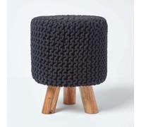 Homescapes Tall Cotton Knitted Footstool on Legs in Black Homescapes Black
