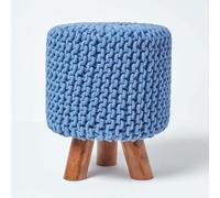 HOMESCAPES Tall Cotton Knitted Footstool on Legs - Blue