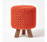 HOMESCAPES Tall Cotton Knitted Footstool on Legs - Burnt Orange