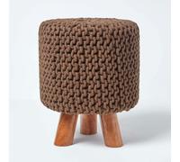 HOMESCAPES Tall Cotton Knitted Footstool on Legs - Chocolate