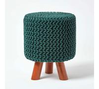 Tall Cotton Knitted Footstool on Legs Homescapes Dark Green One Size
