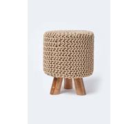 Homescapes Tall Cotton Knitted Footstool On Legs In Beige Beige