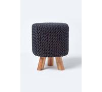 (Black) Tall Knitted Cotton Footstool with Tripod Wooden Legs