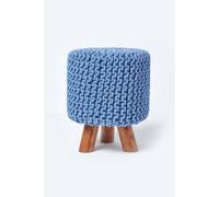 Homescapes Tall Cotton Knitted Footstool On Legs In Blue Blue