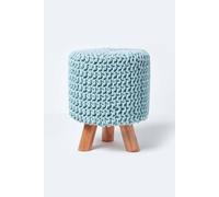 Homescapes Tall Cotton Knitted Footstool On Legs In Bright Blue Bright Blue