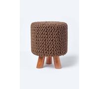 HOMESCAPES Tall Cotton Knitted Footstool on Legs - Chocolate