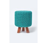 Homescapes Tall Cotton Knitted Footstool On Legs In Green Green