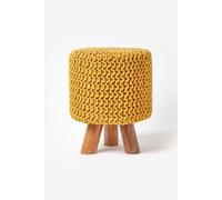 Homescapes Tall Cotton Knitted Footstool On Legs In Mustard Mustard One Size