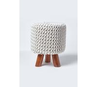 (Natural) Tall Knitted Cotton Footstool with Tripod Wooden Legs