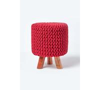 Homescapes Tall Cotton Knitted Footstool on Legs in Red Homescapes Red