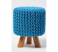 Homescapes Tall Cotton Knitted Footstool On Legs In Teal Teal One Size