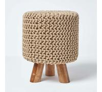 Homescapes Linen Tall Cotton Knitted Footstool On Legs