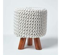 (Natural) Tall Knitted Cotton Footstool with Tripod Wooden Legs