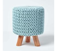 HOMESCAPES Tall Cotton Knitted Footstool on Legs - Pastel Blue