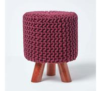 (Plum) Tall Knitted Cotton Footstool with Tripod Wooden Legs