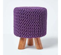 Homescapes Tall Cotton Knitted Footstool on Legs in Purple Homescapes Purple