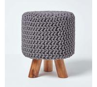 HOMESCAPES Tall Cotton Knitted Footstool on Legs - Sea Grey