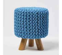 HOMESCAPES Tall Cotton Knitted Footstool on Legs - Teal Blue