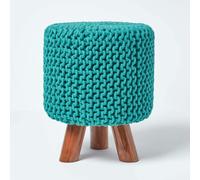 HOMESCAPES Tall Cotton Knitted Footstool on Legs - Teal Green