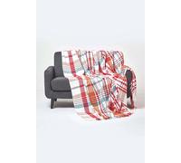 HOMESCAPES ‘Falun’ Red 100% Cotton Tartan Pattern Throw, Bedspread Blanket with Tassel Fringing, 255 x 360 cm