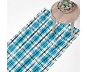 HOMESCAPES Tartan Hallway Runner Handwoven Blue 100% Cotton Rug ‘Irvine’ Check Hallway Rug, 66 x 200 cm