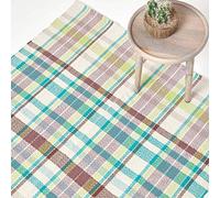 Homescapes Tartan Rug, Handwoven Blue, Yellow, Brown & White 100% Cotton, ‘Wilson’ Check, 70 x 120 cm