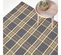 HOMESCAPES Tartan Rug Handwoven Yellow & Grey 100% Wool Non Slip Rug, 'Douglas' Check Rug, 120 x 170 cm