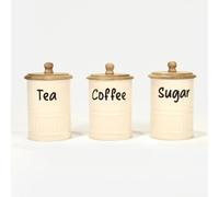 HOMESCAPES Tea Coffee and Sugar Canisters Set, Set of 3 White Decorative Kitchen Food Storage Jars, Galvanised Iron Kitchen Organiser Containers With Wooden Lids for Dry Ingredients - 10 x 17cm