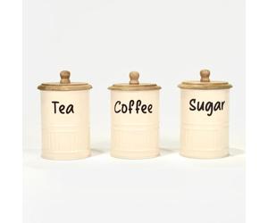 HOMESCAPES Tea Coffee and Sugar Canisters Set, Set of 3 White Decorative Kitchen Food Storage Jars, Galvanised Iron Kitchen Organiser Containers With Wooden Lids for Dry Ingredients - 10 x 17cm