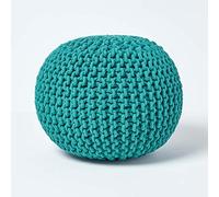 HOMESCAPES Teal Green Knitted Pouffe Footstool Bean Filled 100% Cotton for Living Room Children or the Elderly