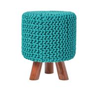 Homescapes Teal Green Tall Cotton Knitted Footstool On Legs