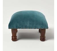 HOMESCAPES Teal Green Velvet Footstool 40 x 40 cm Square Pouffe on Solid Wood Legs 25 cm Tall Ottoman Style Upholstered Footrest