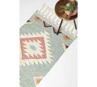 HOMESCAPES Blue & White Handwoven Kilim Rug Carpet Runner for Hallway 66 x 200 cm Traditional Geometric Pattern 'Tenali' Wool & Cotton Rug with Tassels