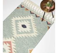 HOMESCAPES Blue & White Handwoven Kilim Rug 160 x 230 cm Wool & Cotton Living Room Area Rug ‘Tenali’ with Geometric Pattern & Tassels
