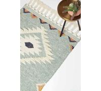 HOMESCAPES Blue & White Handwoven Kilim Rug 120 x 170 cm Wool & Cotton Living Room Area Rug ‘Tenali’ with Geometric Pattern & Tassels