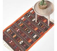 HOMESCAPES Terracotta, Black and Brown Printed Cotton Kilim Rug - 60 x 90 cm